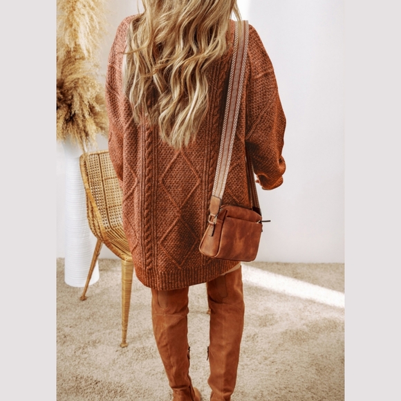 J-15 Coffee Colored Cable Knit Drop Sleeve Loose Fit Sweater Dress - Picture 2 of 3